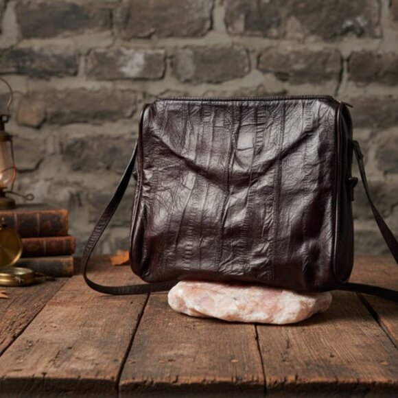 Vintage Brown Eel Skin Leather Purse 70s 80s Soft Shoulder Crossbody Bag - Picture 1 of 16
